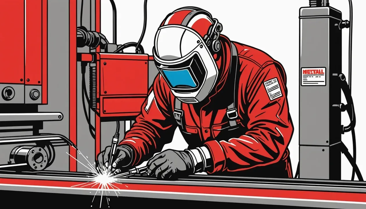 Illustration of a welder wearing a helmet and safety gear, actively welding metal components, showcasing the welding process.