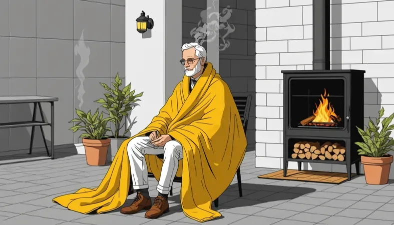 Welding Blanket Use On Smoker An illustration of a man sitting by a smoker, wrapped in a yellow blanket, with smoke and fire visible, highlighting safety with welding blankets.