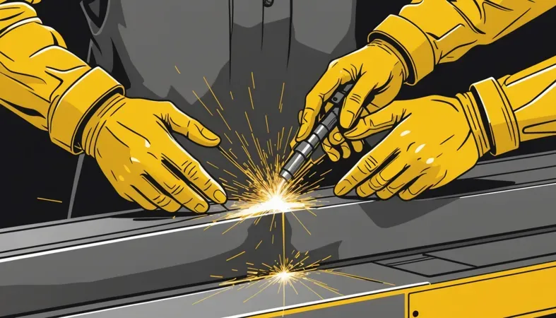 Welding Brass Demonstration Two gloved hands welding brass together, showcasing a welding technique with sparks flying.