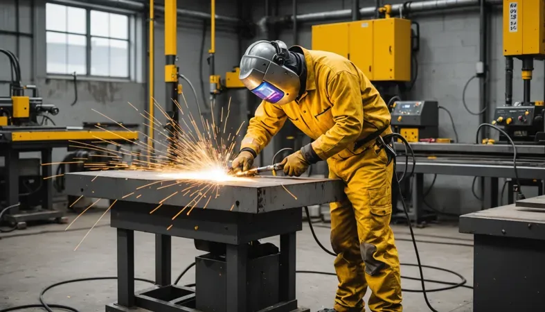 Welding Cables in Action Welder using welding cables in a workshop, showcasing the sparks from the welding process.