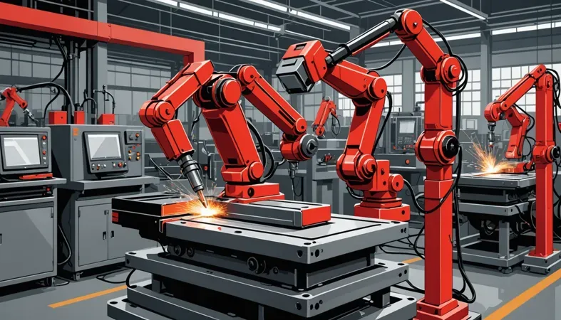 Robotic arms performing welding operations in a factory setting illustrating duty cycle in welding.