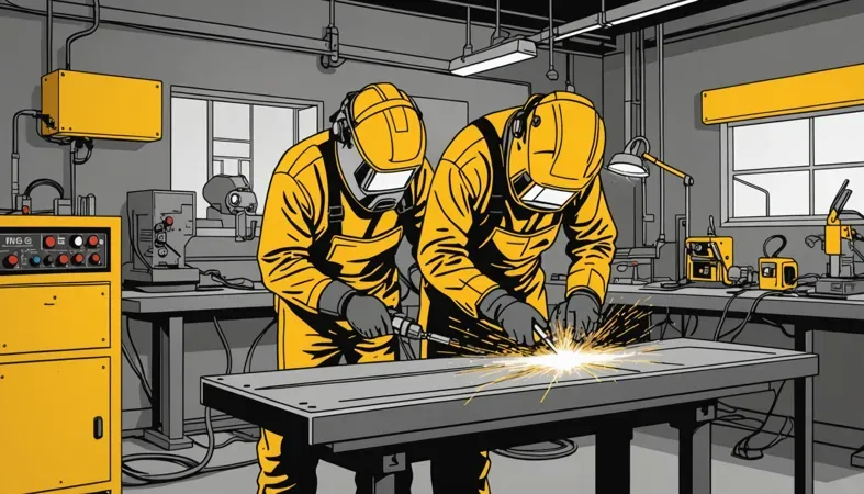 Two welders in protective gear working on a metal piece, demonstrating proper welding techniques and safety measures.