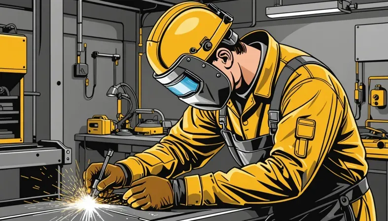 A welder in a yellow helmet and gloves working on galvanized steel, highlighting safety precautions in welding.