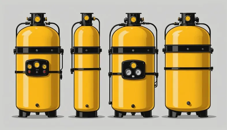 Welding Gas Tanks Image of various yellow welding gas tanks, showcasing different sizes and pressure gauges for welding applications.