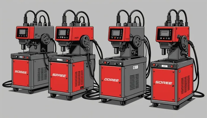 Multiple welding machines showcasing various designs and features, highlighting the importance of duty cycle in welding.