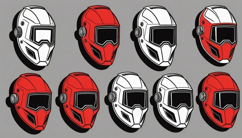 A collection of welding masks in red and white, highlighting the importance of protective gear while welding.