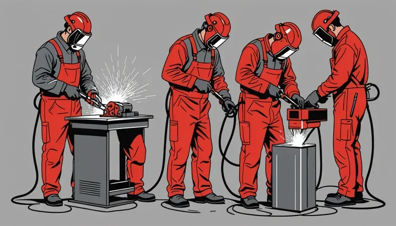 Welding Positions Overview An illustration showing four welders demonstrating various welding positions, highlighting the importance of technique in welding.