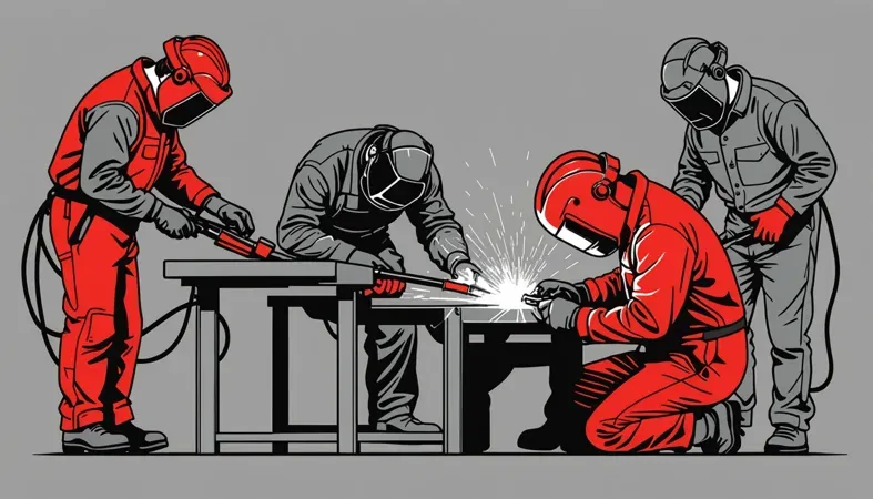 Welding Positions Overview A group of welders demonstrating different welding positions, showcasing various techniques and safety gear.