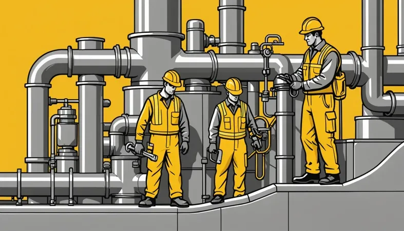 Illustration of workers in welding gear practicing welding techniques amidst industrial piping.