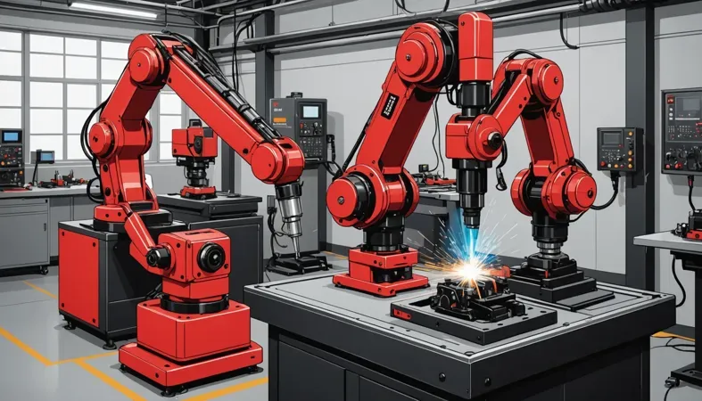 Welding Robots in Action High-tech welding robots performing tasks in a workshop environment, focusing on efficiency and precision in welding processes.