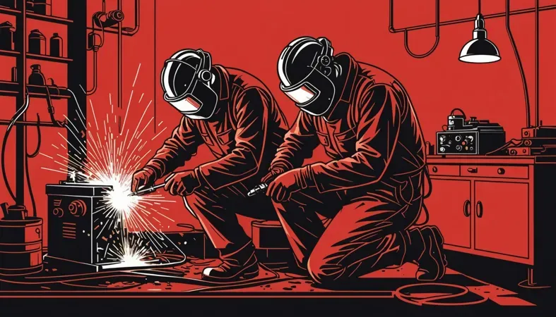 Two welders wearing protective gear working on a welding machine, illustrating safety measures to prevent cancer from welding.