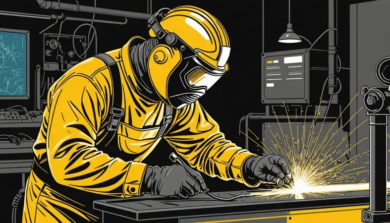 Welding Safety Precautions A welder in protective gear working on metal, showcasing the importance of eye protection in welding to prevent injury.