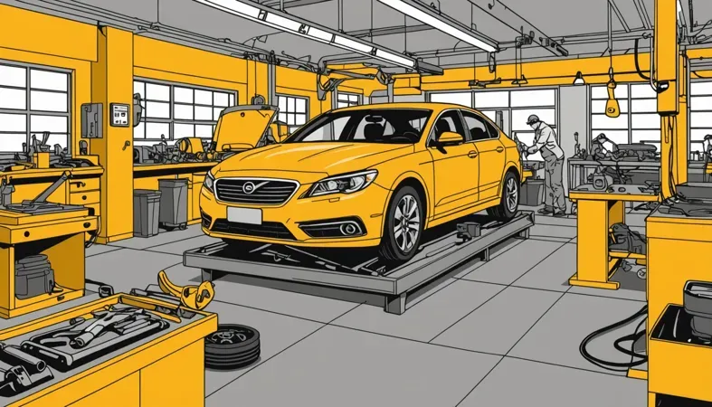 Welding Safety Precautions A bright yellow car in a well-equipped welding shop, highlighting the importance of safety measures to protect eyes during welding tasks.