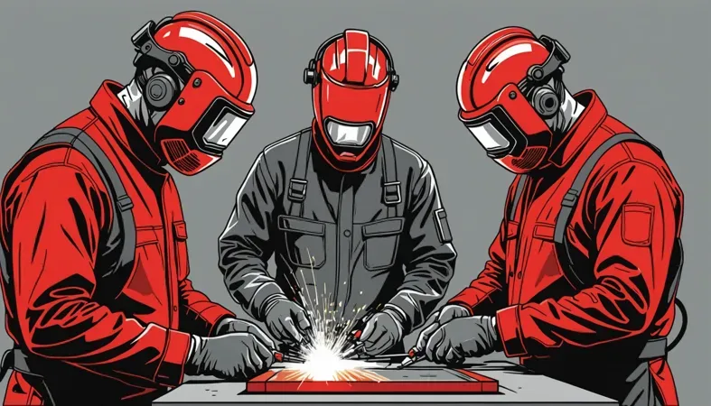 Welders in protective gear using equipment, highlighting safety measures against welding fumes.