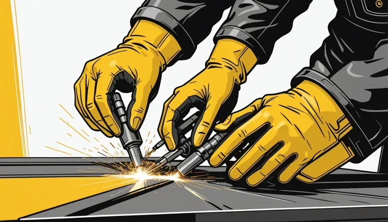 Welding Stainless Steel Techniques Illustration of a person welding stainless steel with protective gloves and equipment, showcasing welding techniques and sparks.