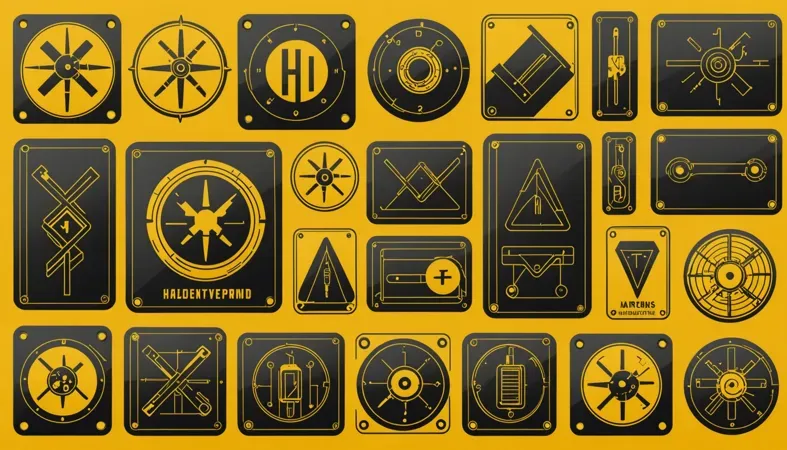 A collection of welding symbols on a black and yellow background, illustrating instructions related to welding processes, including those applicable to hardened steel.