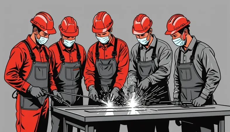 A group of four welders wearing safety gear, actively working on a welding project, showcasing teamwork in a welding company.