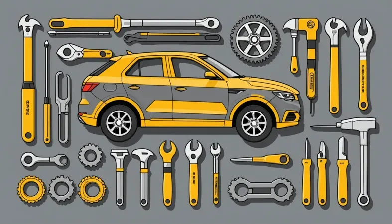 Welding Tools And Car Diagram Illustration of a car alongside various welding tools, showcasing essential equipment for breaking a weld.