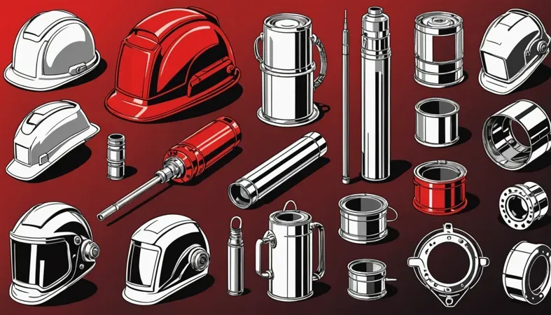 Essential Welding Tools A collection of welding helmets, torches, and accessories used for metal welding.