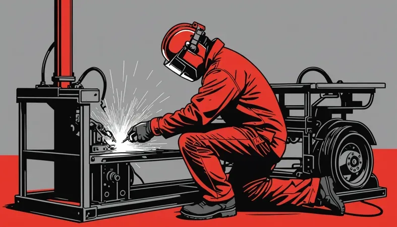 A welder in protective gear working on a truck frame, demonstrating welding techniques.