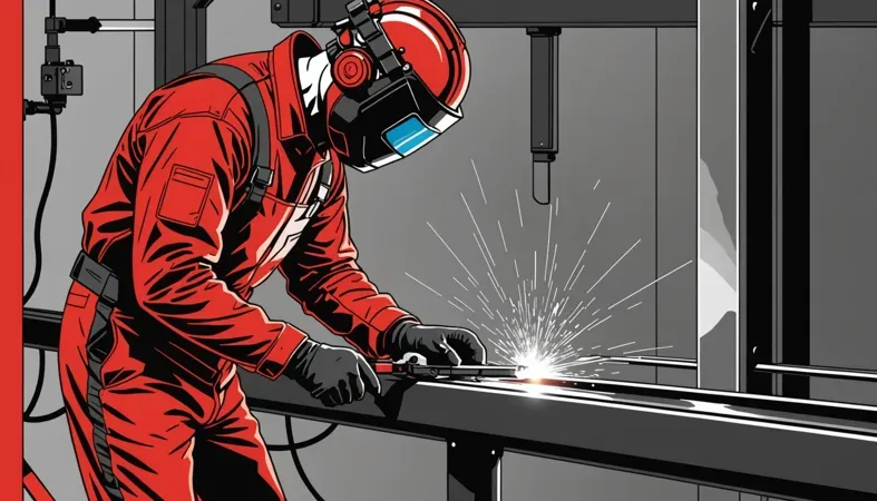 A welder in a red suit using welding equipment to weld materials in an upside down position, showcasing proper techniques for overhead welding.
