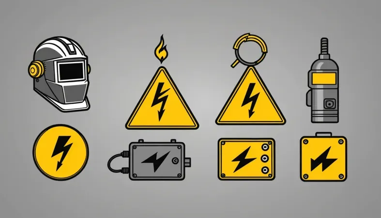 Illustration of various symbols related to voltage safety in welding, including a helmet, hazard signs, and welding equipment.