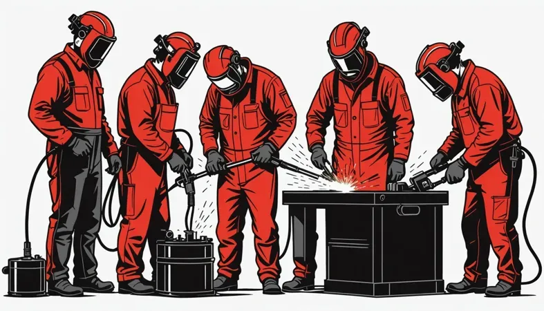 A group of welders working on different welding projects, showcasing various welding techniques and equipment sizes necessary for different jobs.