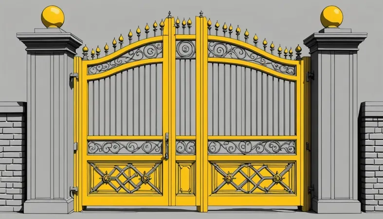 An intricately designed wrought iron gate showcasing ornate patterns and yellow accents, relevant to welding techniques.