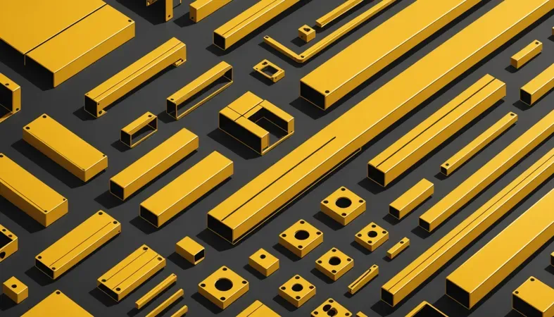 An array of yellow metal components showcasing different shapes that can be welded together, emphasizing the importance of weld strength in structural integrity.