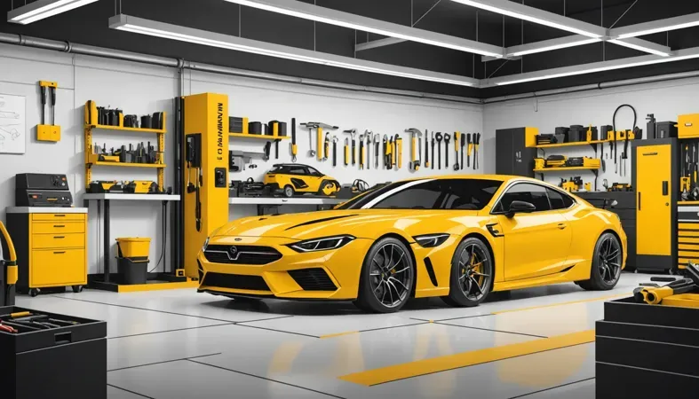 Yellow Car in Garage A sleek yellow car parked in a well-equipped garage filled with tools and equipment, highlighting a workspace for automotive repairs.