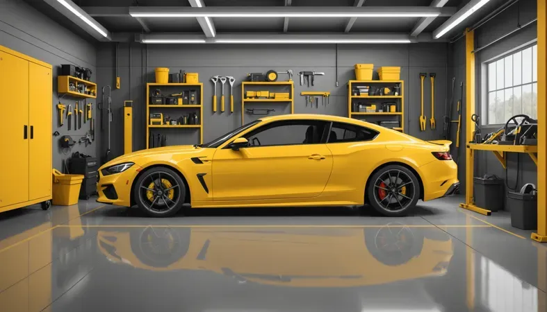 Yellow Car in Garage A sleek yellow car parked in a modern garage with tools and equipment, related to welding leads.