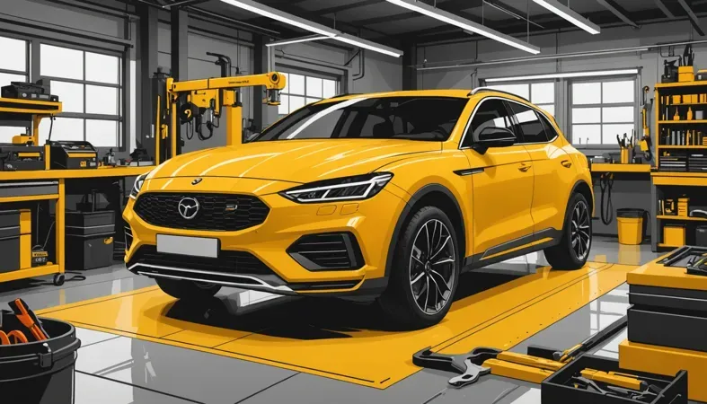 A bright yellow car showcased in a well-equipped workshop, illustrating the environment for welding body panels.