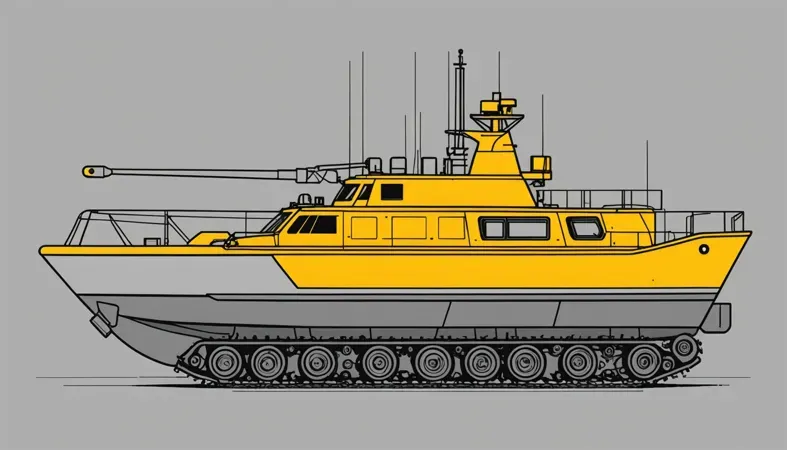 Illustration of a yellow military boat, depicting a rugged vessel that may be used in various environments, such as on water and land.